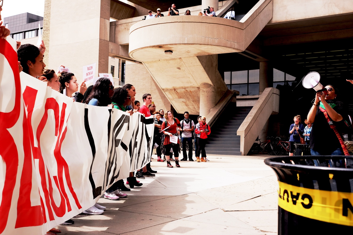 Student protesters arrive at Helen C. White Hall, home of the Department of Afro-American Studies and College Library, the main undergraduate library.