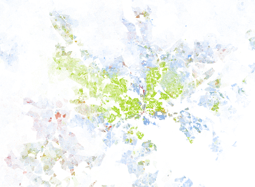 Baltimore metropolitan area, from the new map created by Dustin Cable of the University of Virginia’s Weldon Cooper Center for Public Service.
