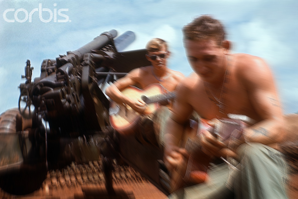 A low-res, pirated copy of a fantastic shot of two 11th Armored Cav soldiers at Loc Ninh (1969), now owned by Corbis. I have obfuscated most of the photo with editing software to avoid running afoul of Corbis.