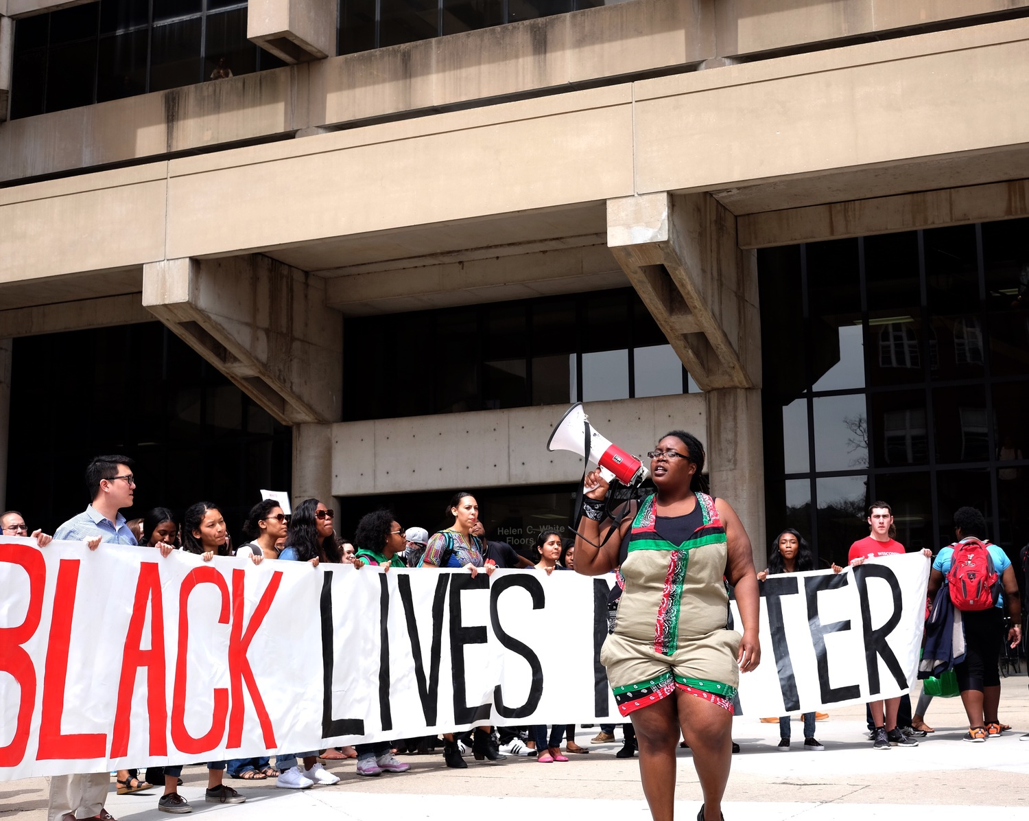 Preparing to march from Helen C. White Hall, down N Park Street, to University Avenue.