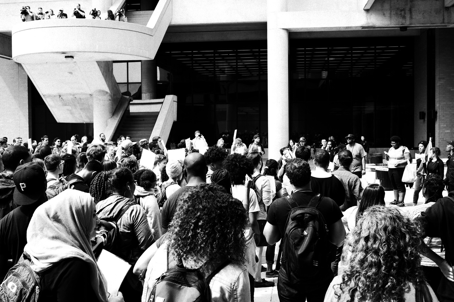 Students chant outside Helen C. White Hall.